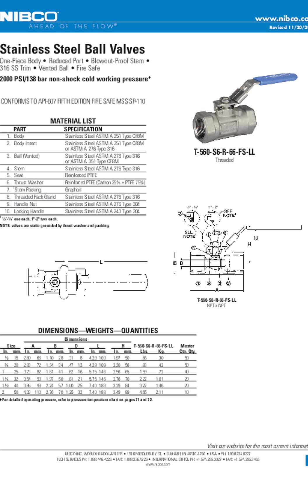 NIBCO T-560-S6-R-66-FS-LL Stainless Steel Ball Valves Submittal