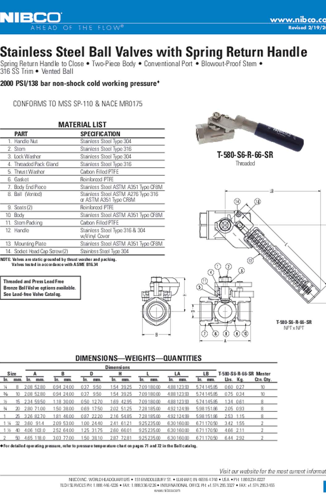 NIBCO T-580-S6-R-66-SR Stainless Steel Ball Valves with Spring Return Handle Submittal