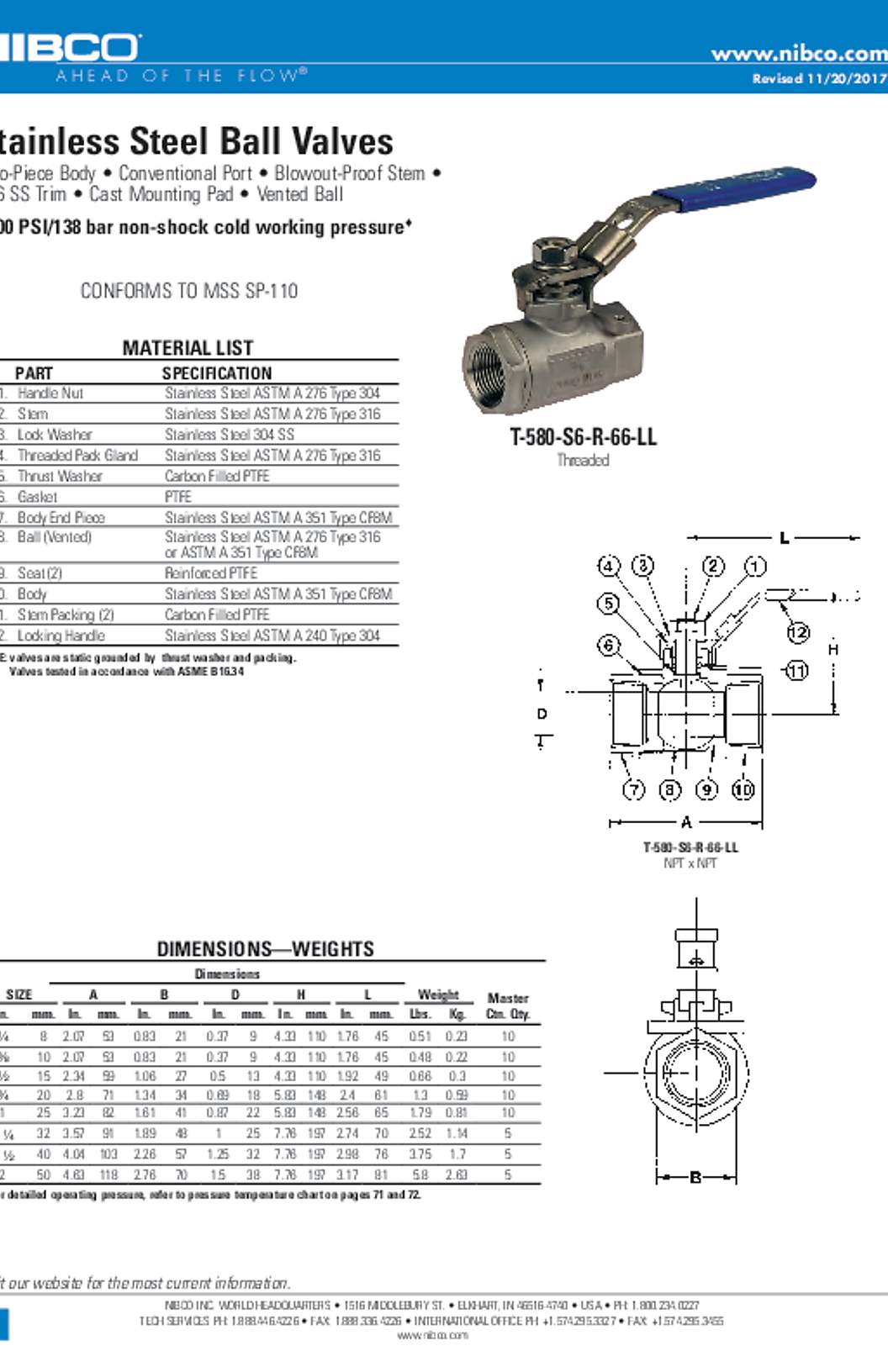 NIBCO T-580-S6-R-66-LL Stainless Steel Ball Valves Submittal