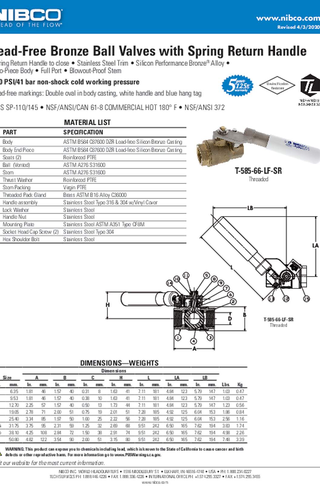 NIBCO T-585-66-LF-SR Lead-Free Bronze Ball Valves with Spring Return Handle Submittal