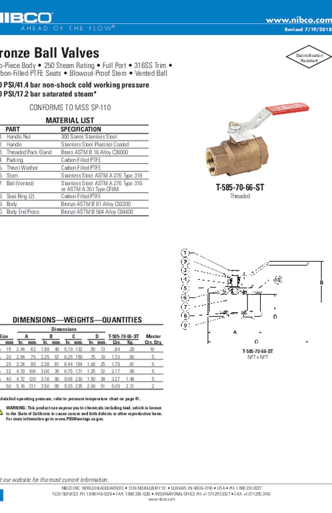 NIBCO T-585-70-66-ST Bronze Ball Valves Submittal