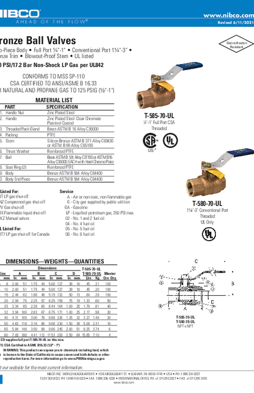 NIBCO T-585-70-UL & T-580-70-UL Bronze Ball Valves Submittal
