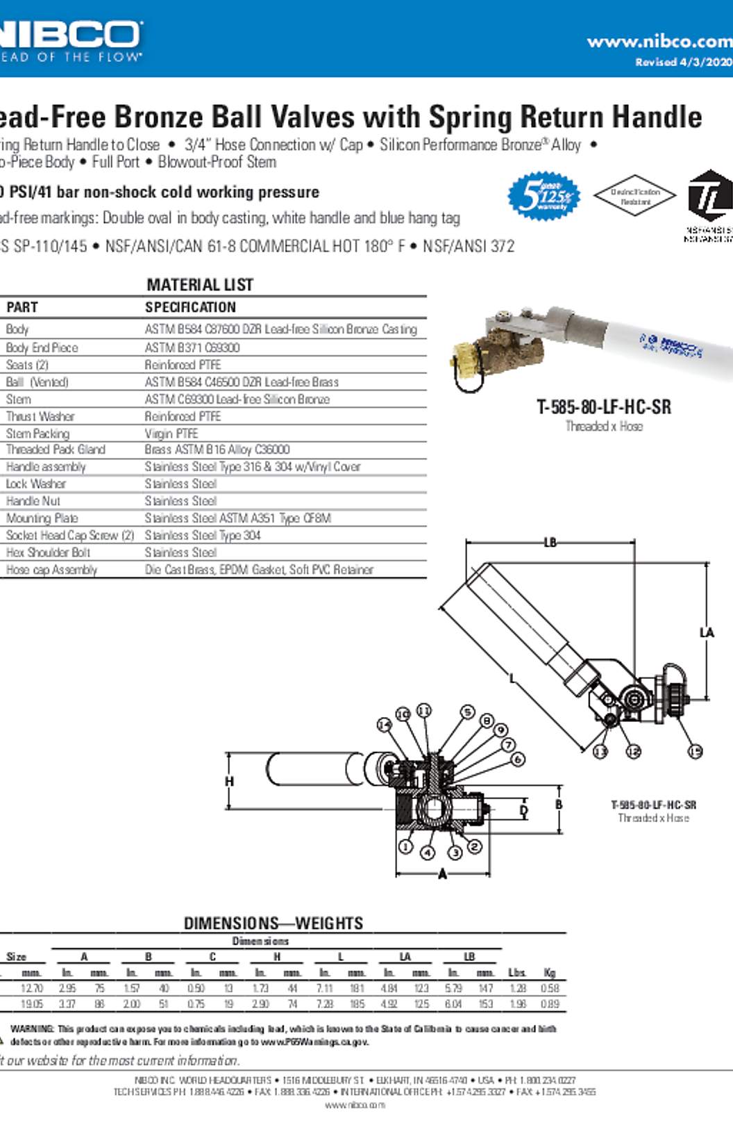 NIBCO T-585-80-LF-HC-SR Lead-Free Bronze Ball Valves with Spring Return Handle Submittal