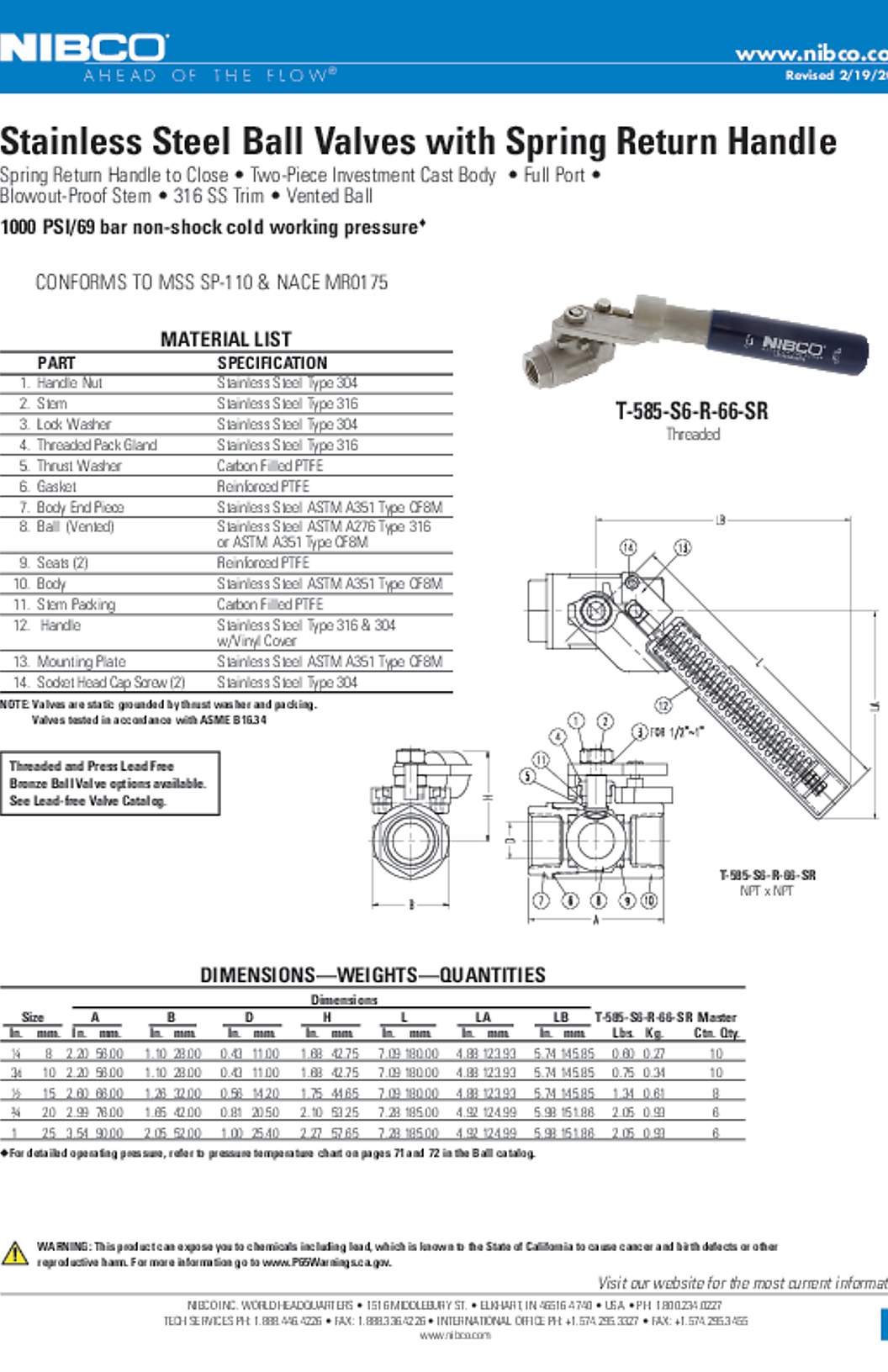 NIBCO T-585-S6-R-66-SR Stainless Steel Ball Valves with Spring Return Handle Submittal