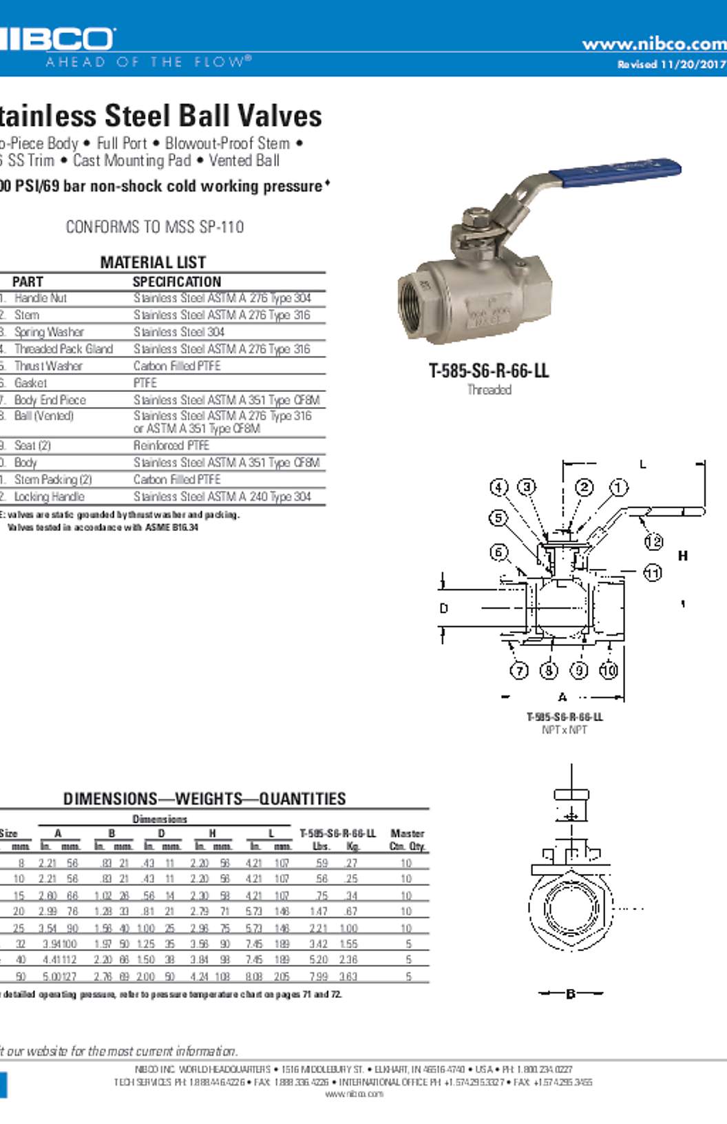 NIBCO T-585-S6-R-66-LL Stainless Steel Ball Valves Submittal