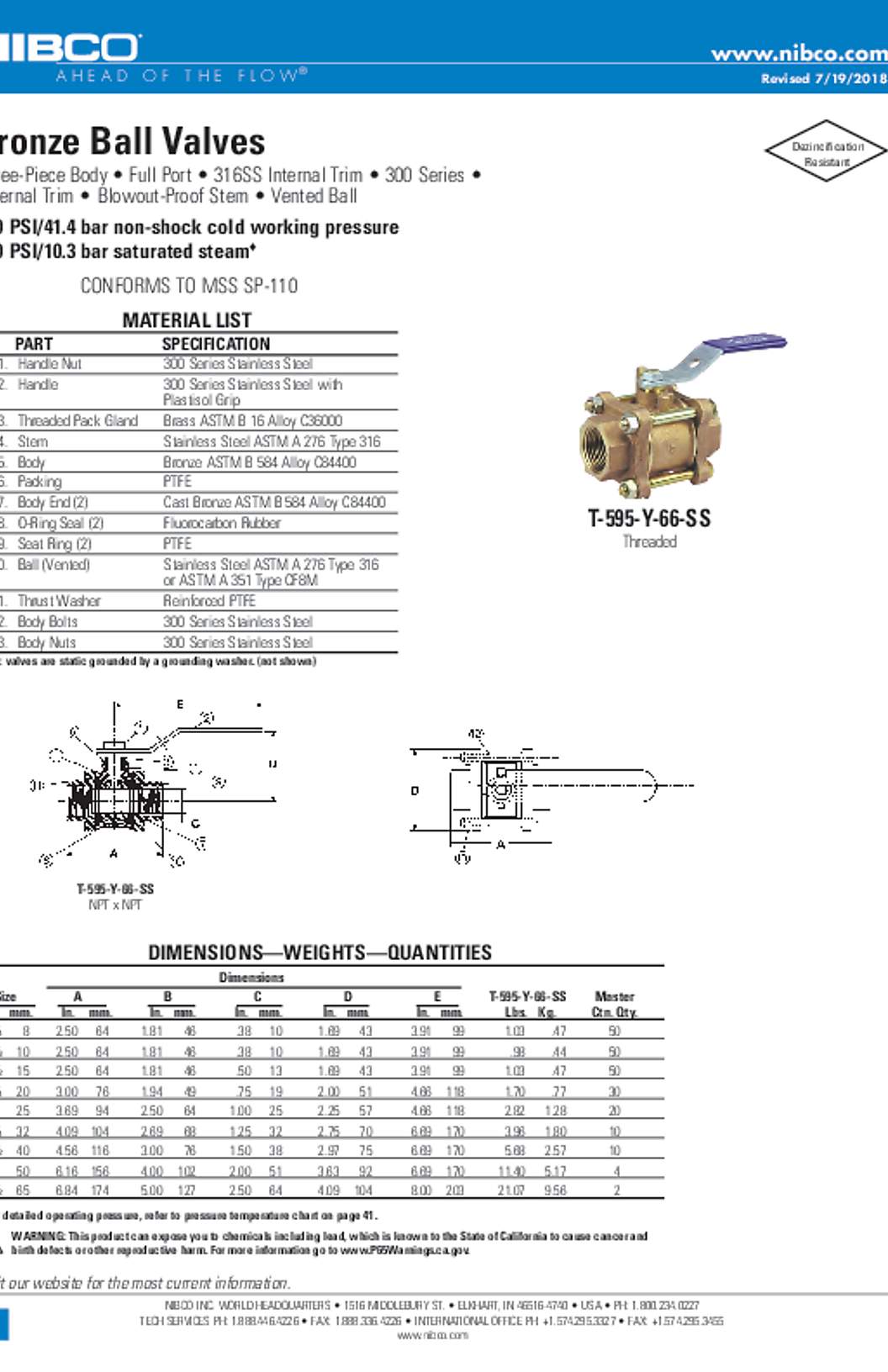 NIBCO T-595-Y-66-SS Bronze Ball Valves Submittal