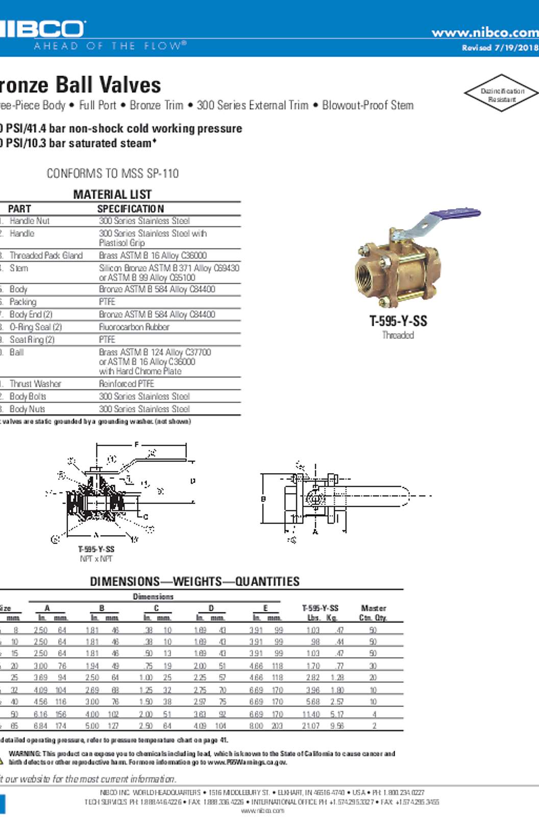 NIBCO T-595-Y-SS Bronze Ball Valves Submittal