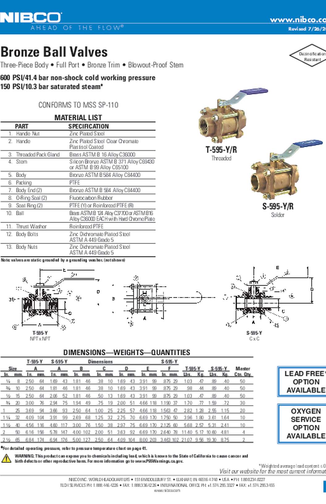 NIBCO T-595-Y/R & S-595-Y/R Bronze Ball Valves Submittal