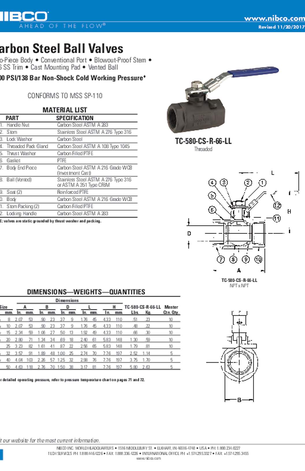 NIBCO TC-580-CS-R-66-LL Carbon Steel Ball Valves Submittal