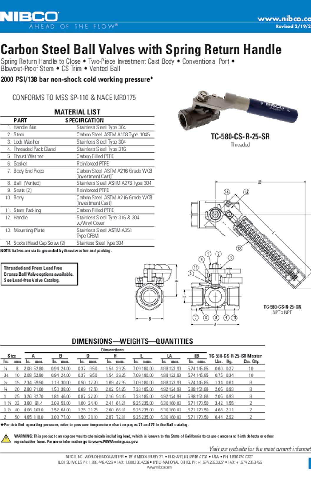NIBCO TC-580-CS-R-25-SR Carbon Steel Ball Valves with Spring Return Handle Submittal