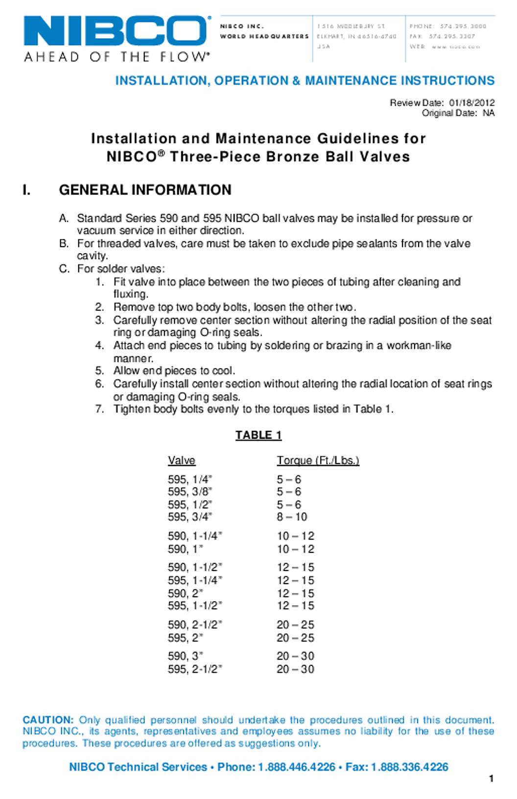 NIBCO Three-Piece Bronze Ball Valves IOM Manual