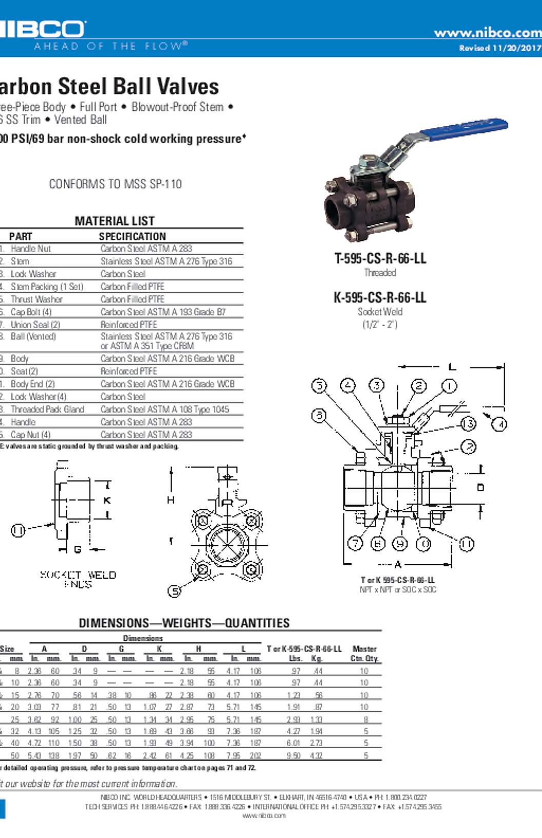 NIBCO T-595-CS-R-66-LL & K-595-CS-R-66-LL Carbon Steel Ball Valves Submittal