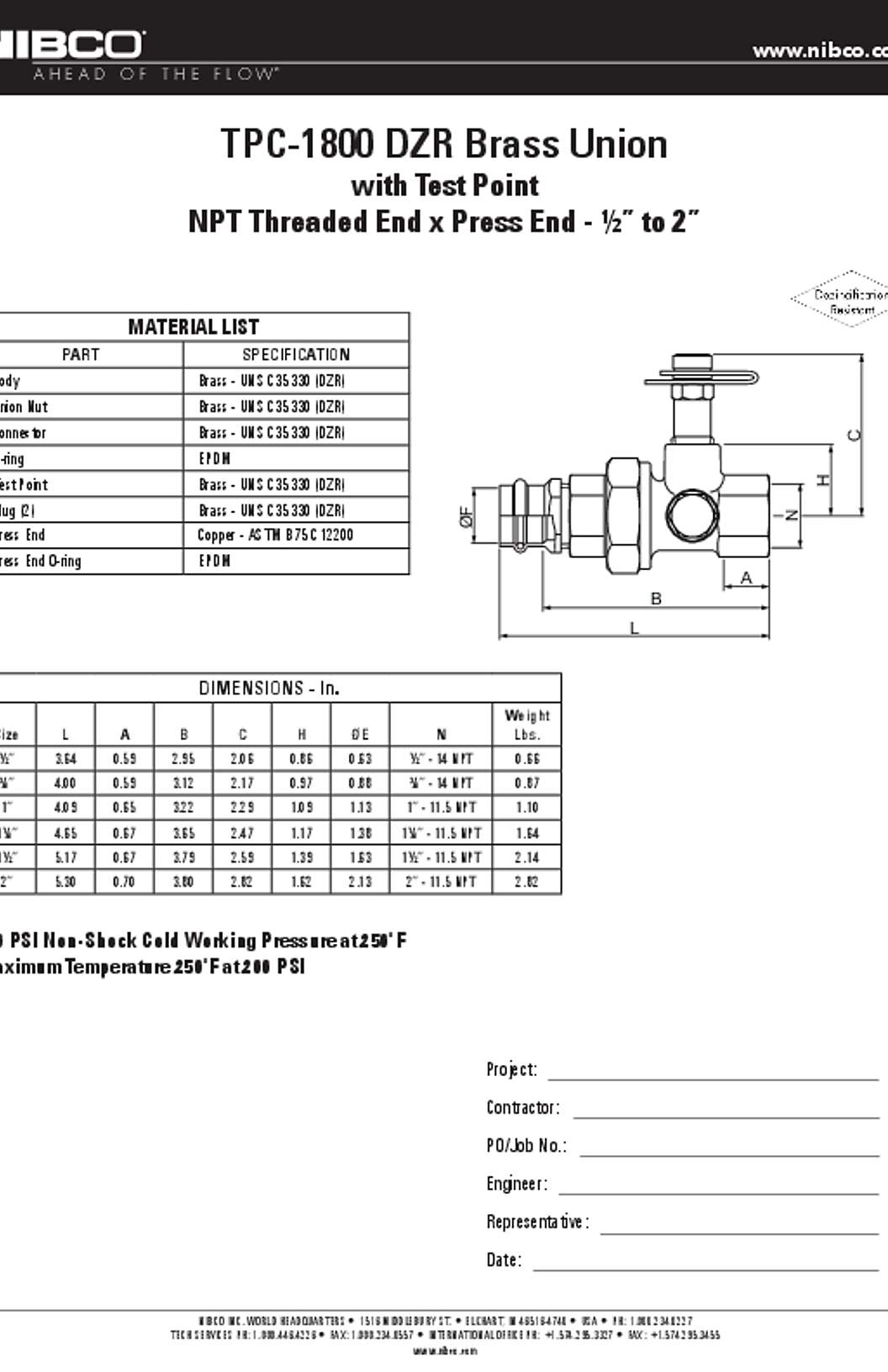 NIBCO TPC-1800 DZR Brass Union Submittal