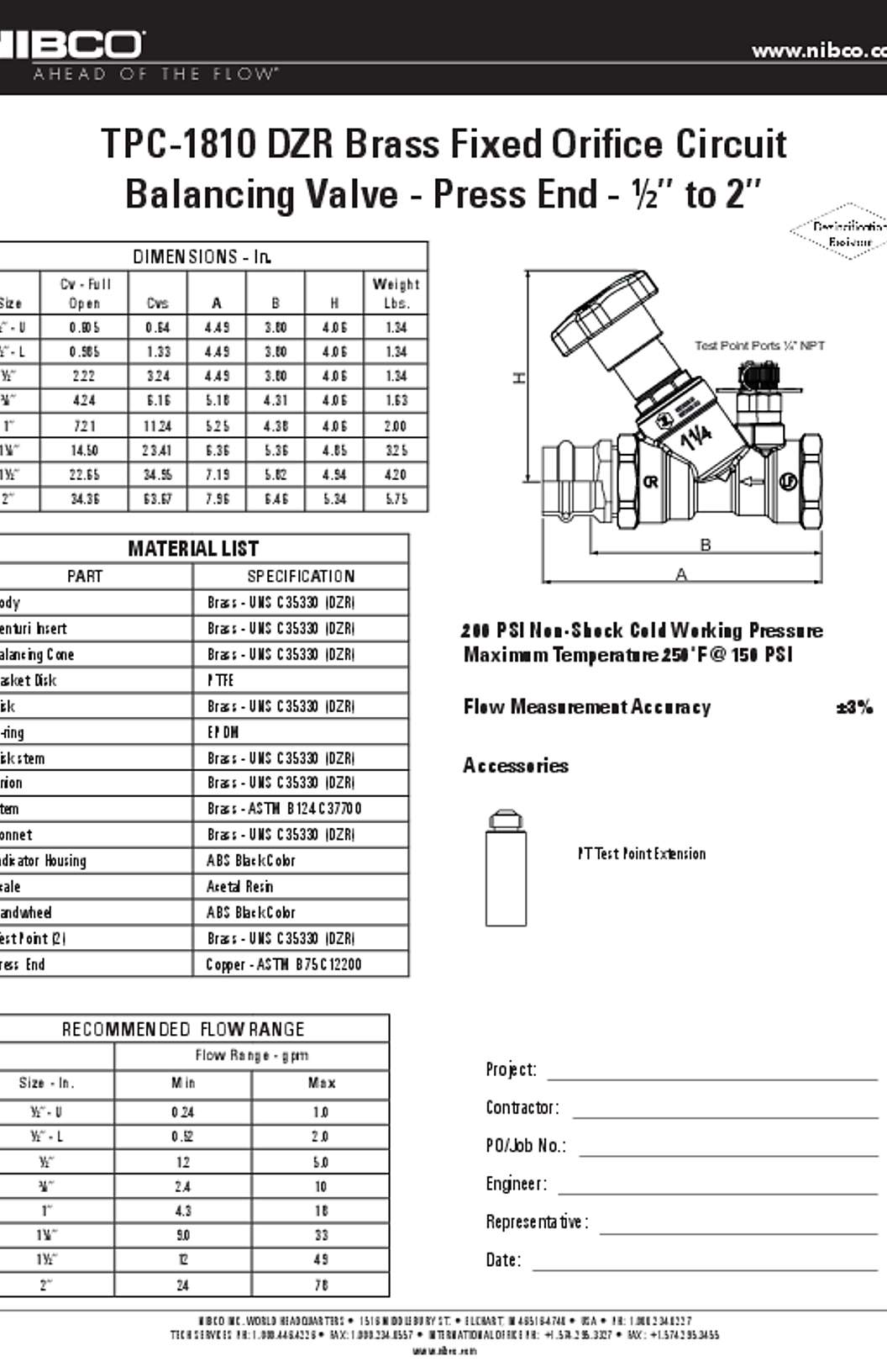 NIBCO TPC-1810 DZR Brass Fixed Orifice Circuit Balancing Valve Submittal