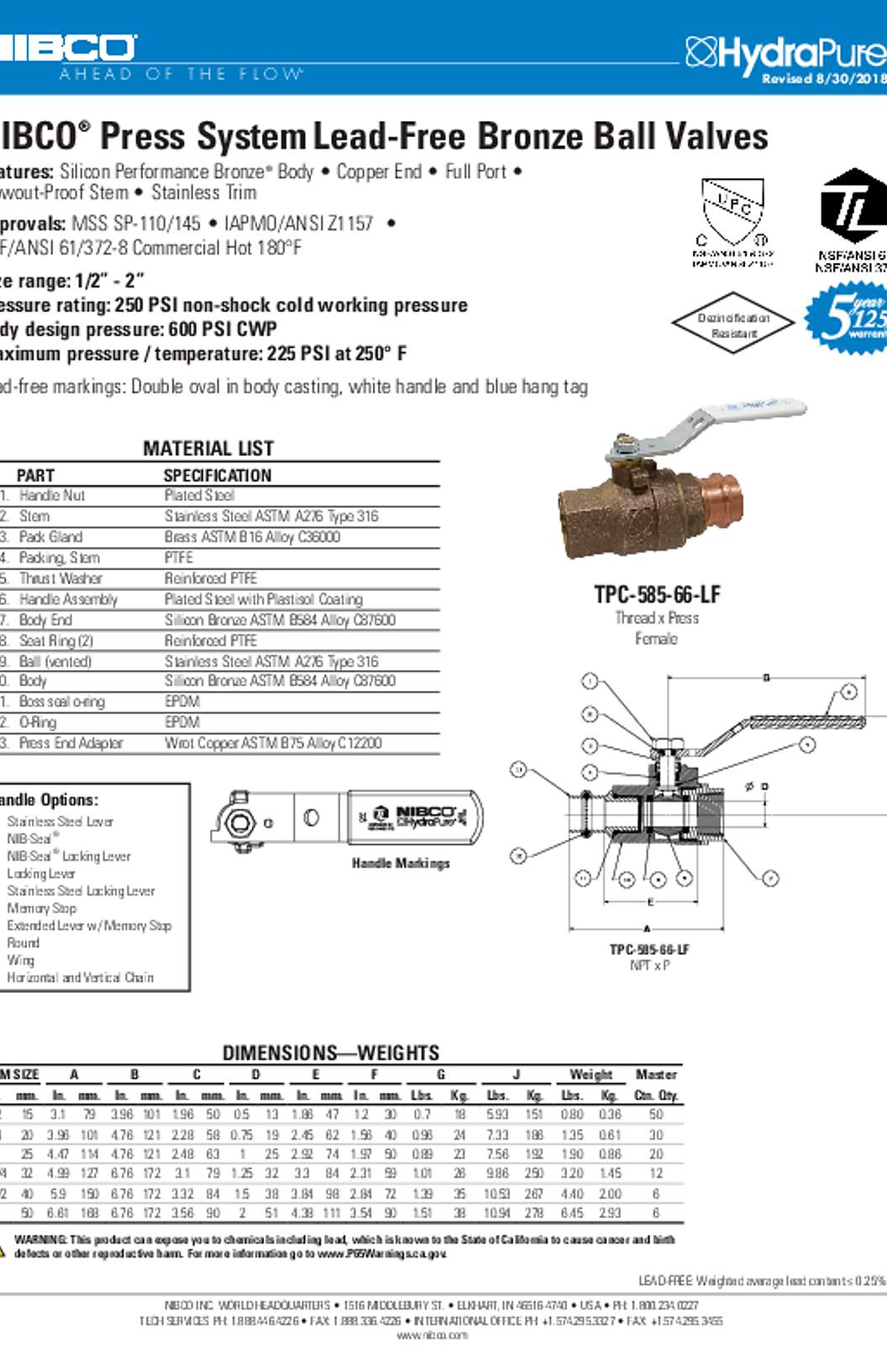 NIBCO TPC-585-66-LF Lead-Free Bronze Ball Valves Submittal