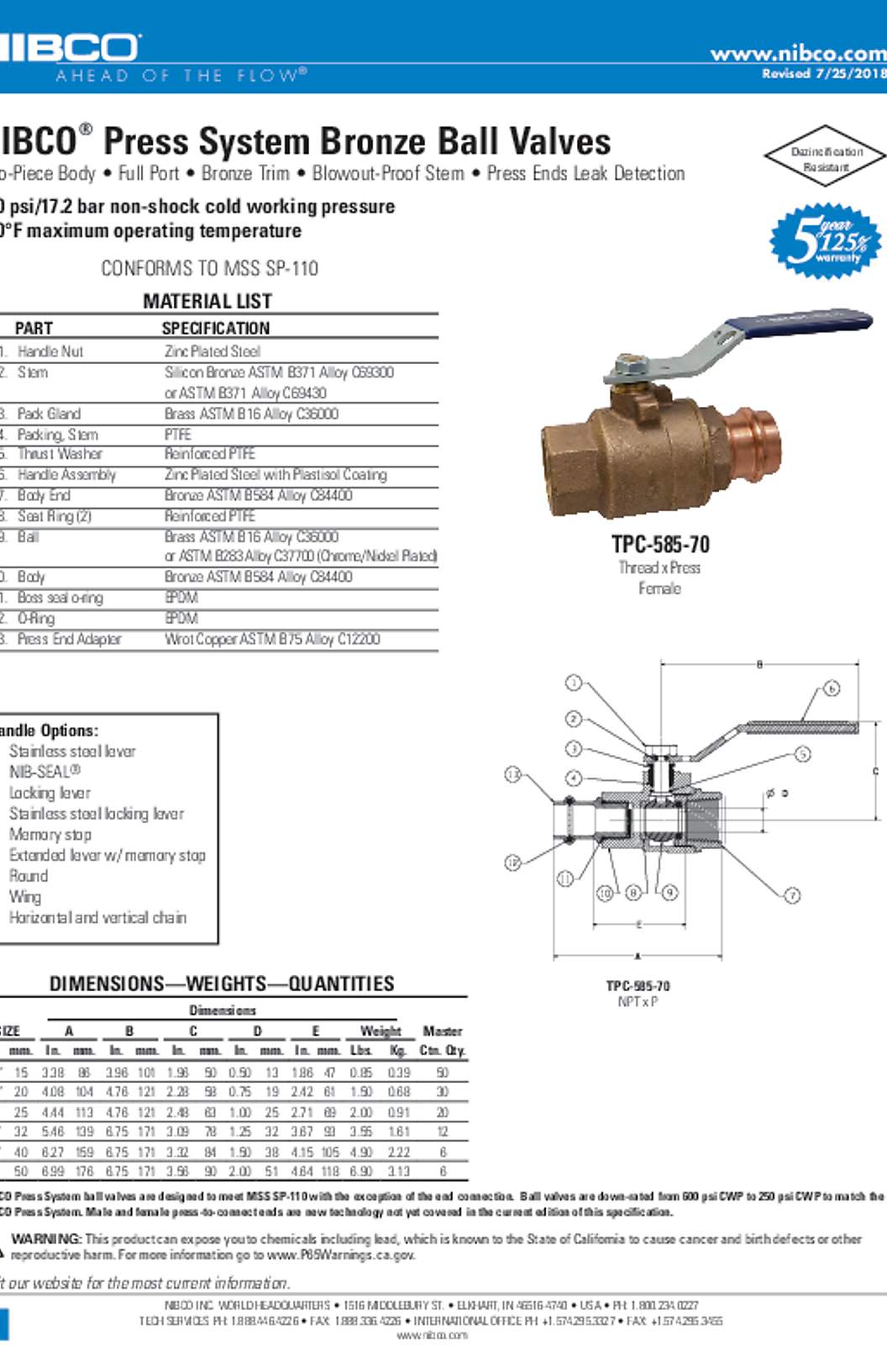 NIBCO TPC-585-70 Bronze Ball Valves Submittal