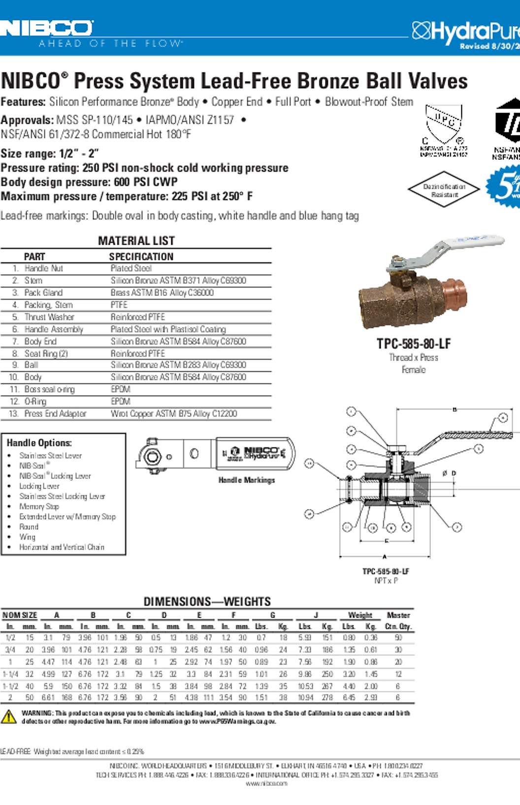 NIBCO TPC-585-80-LF Lead-Free Bronze Ball Valves Submittal