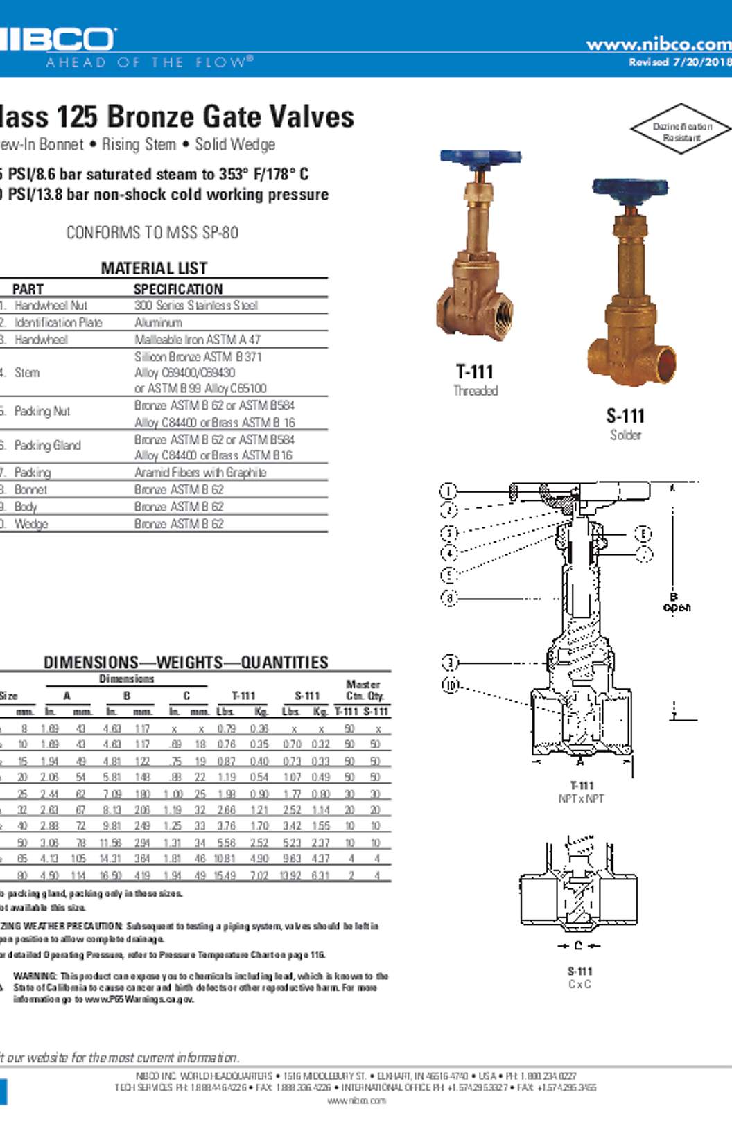 NIBCO T-111 & S-111 Class 125 Bronze Gate Valves Submittal