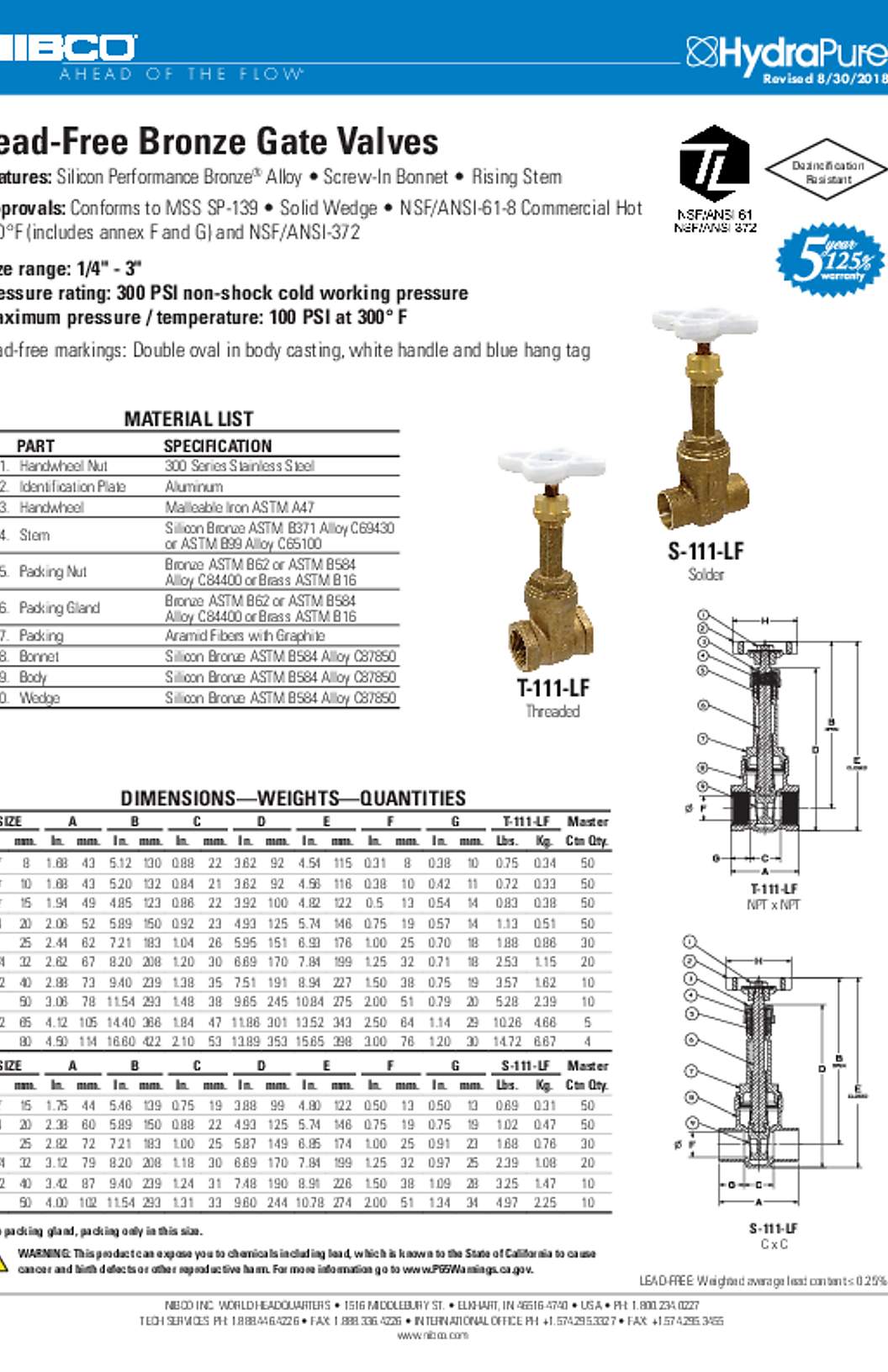 NIBCO T-111-LF & S-111-LF Lead-Free Bronze Gate Valves Submittal
