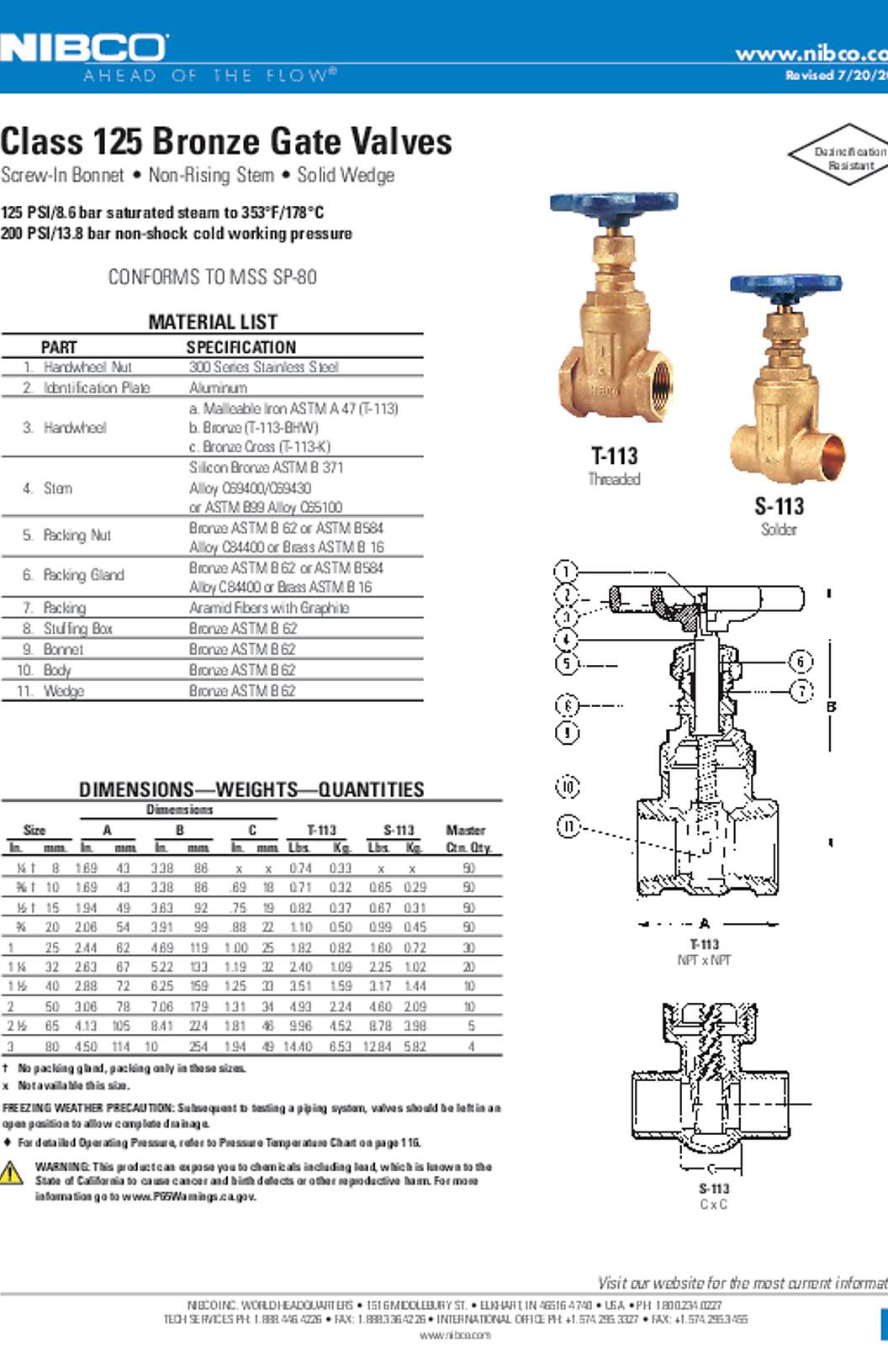 NIBCO T-113 & S-113 Class 125 Bronze Gate Valves Submittal