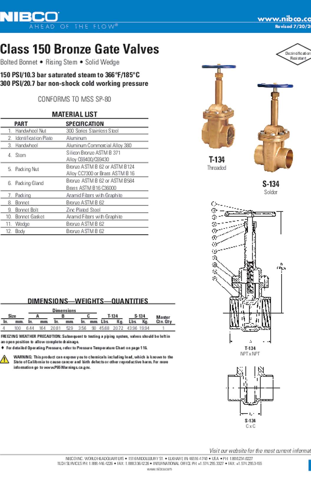 NIBCO T-134 & S-134 Class 150 Bronze Gate Valves Submittal
