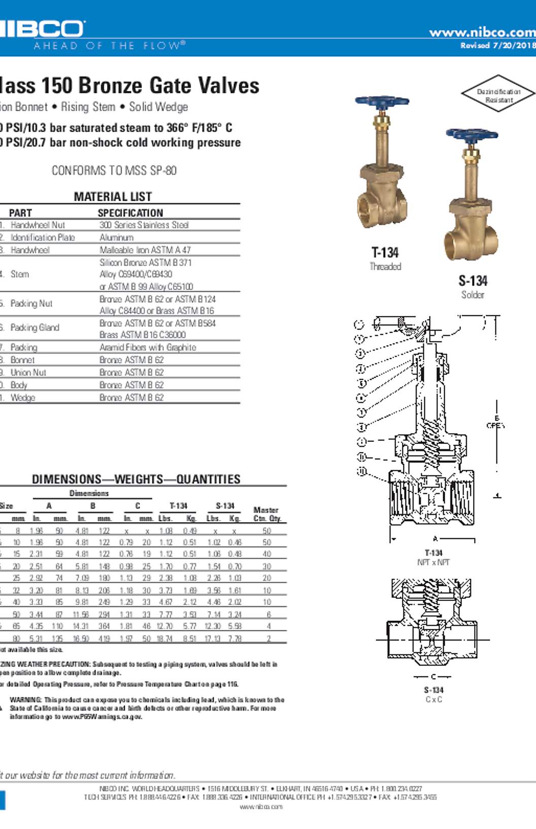 NIBCO T-134 & S-134 Class 150 Bronze Gate Valves Submittal