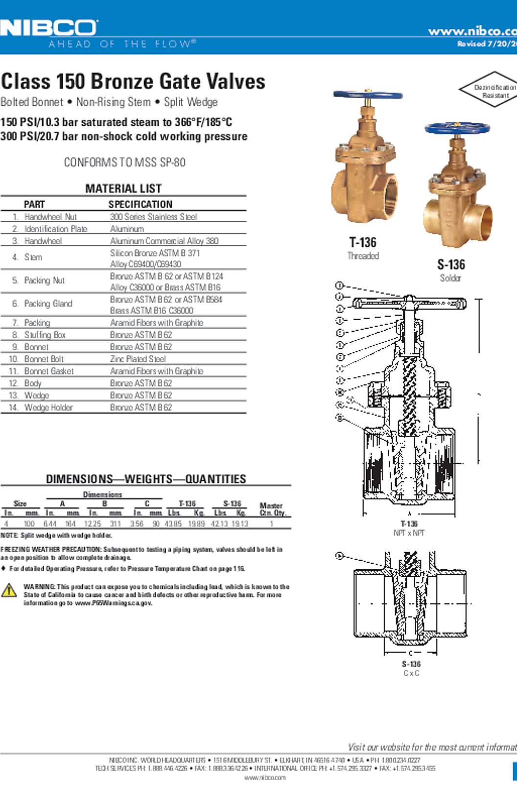 NIBCO T-136 & S-136 Class 150 Bronze Gate Valves Submittal