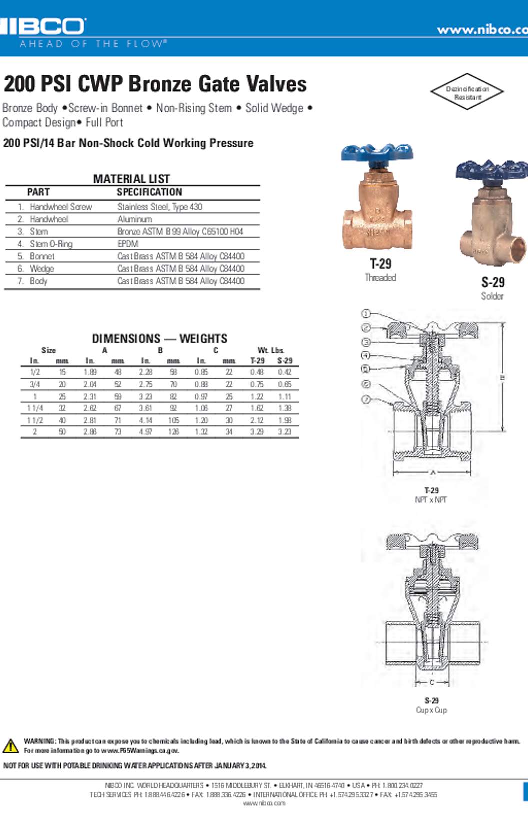 NIBCO T-29 & S-29 200 PSI CWP Bronze Gate Valves Submittal
