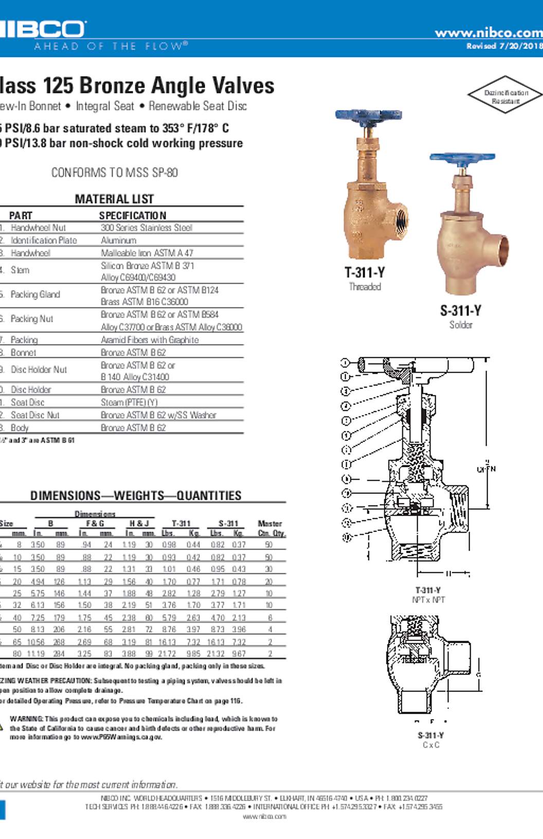 NIBCO T-311-Y & S-311-Y Class 125 Bronze Angle Valves Submittal