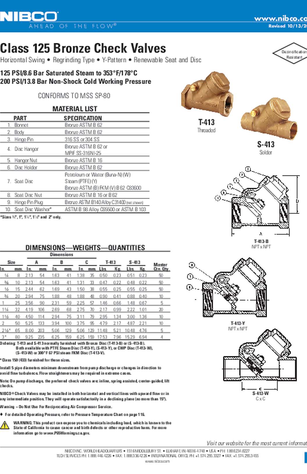 NIBCO T-413 & S-413 Class 125 Bronze Check Valves Submittal