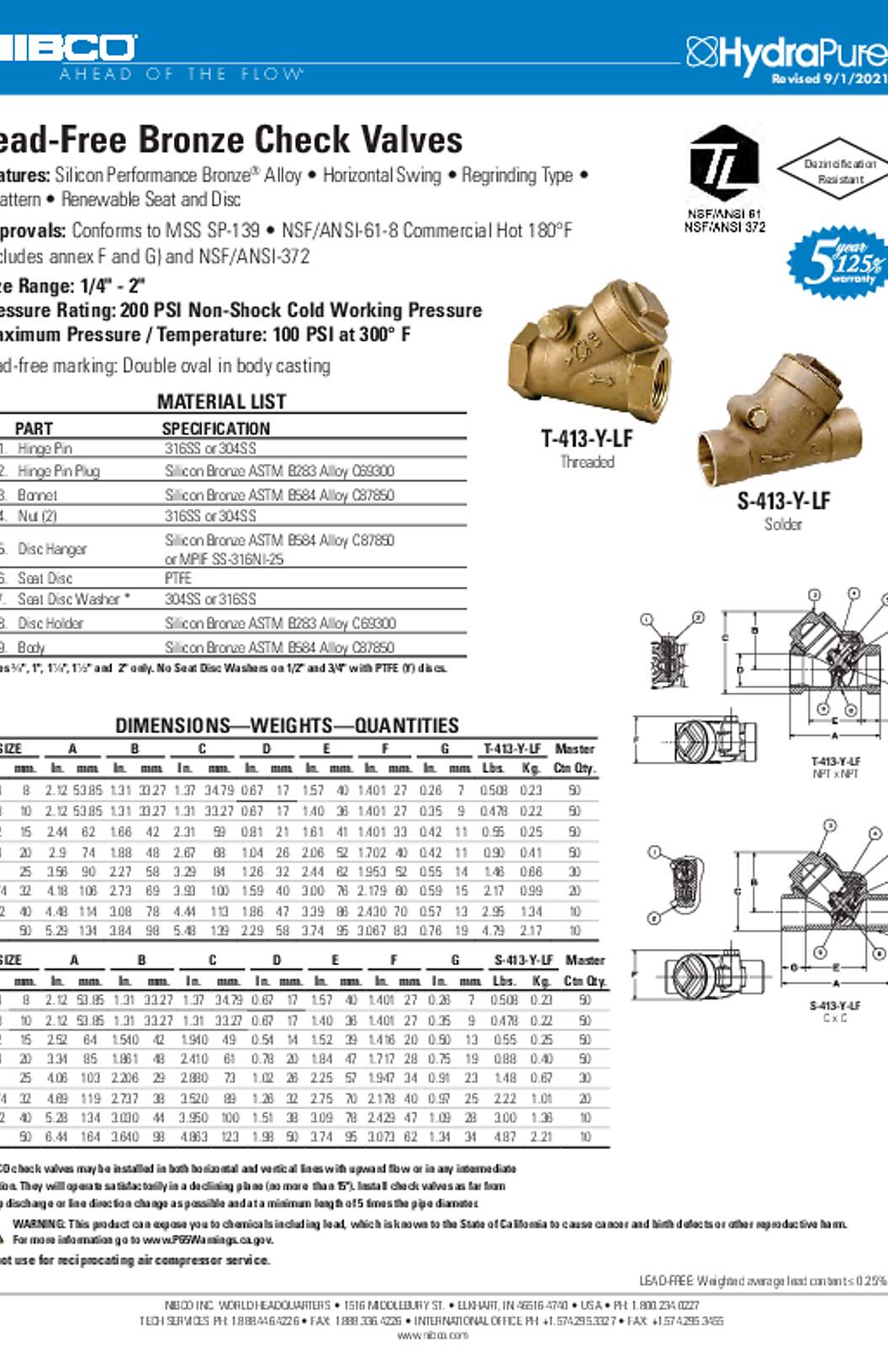 NIBCO T-413-Y-LF & S-413-Y-LF Lead-Free Bronze Check Valves Submittal