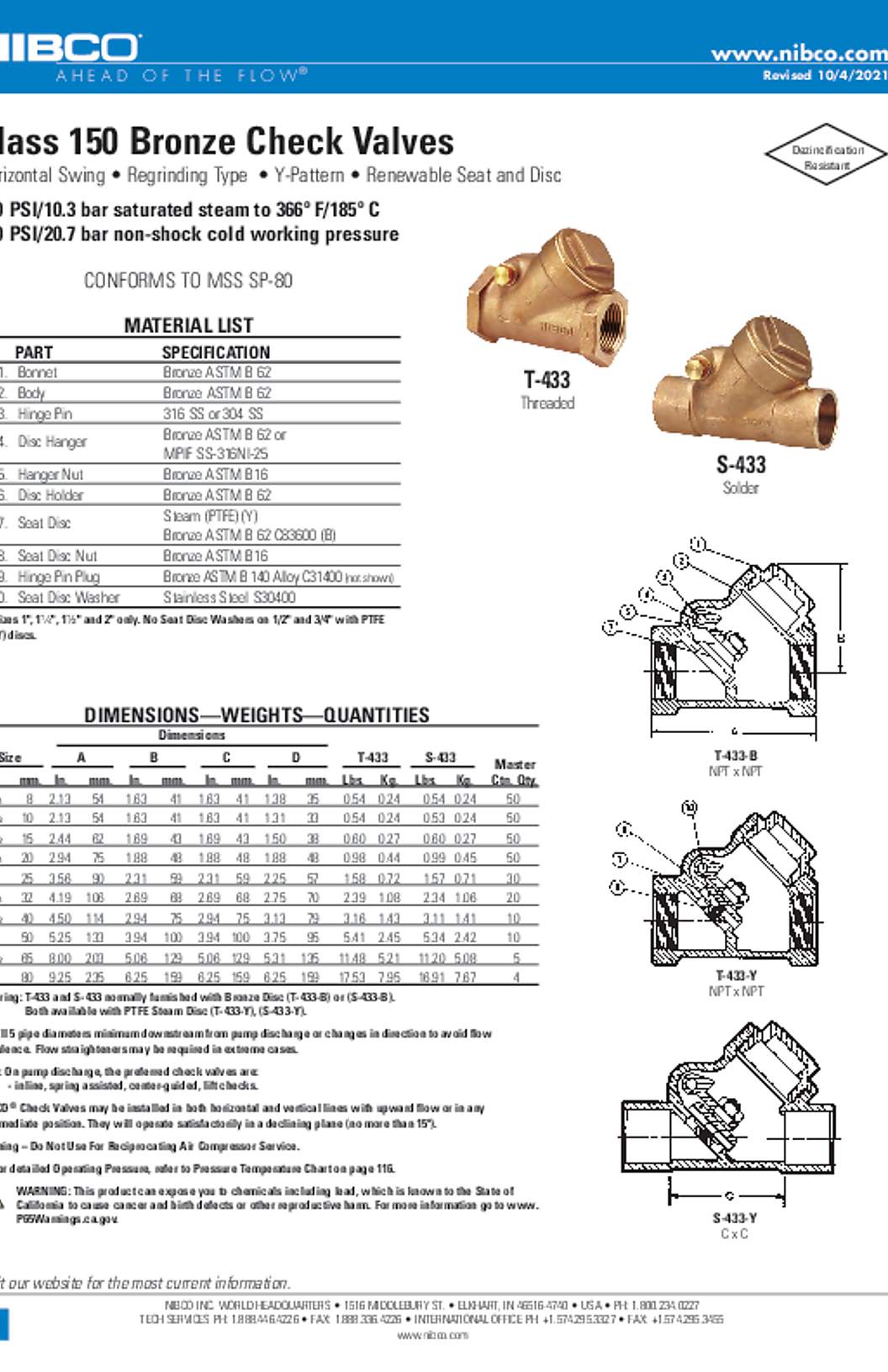NIBCO T-433 & S-433 Class 150 Bronze Check Valves Submittal