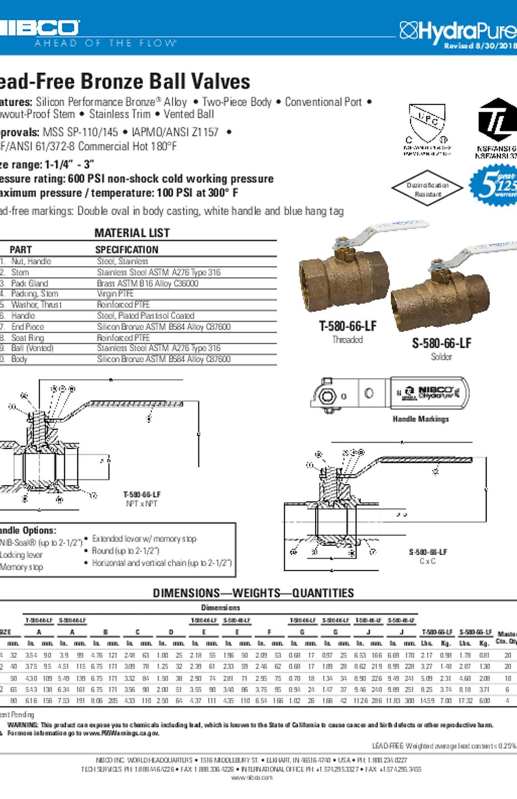 NIBCO T-580-70-66-LF & S-580-70-66-LF Lead-Free Bronze Ball Valves Submittal