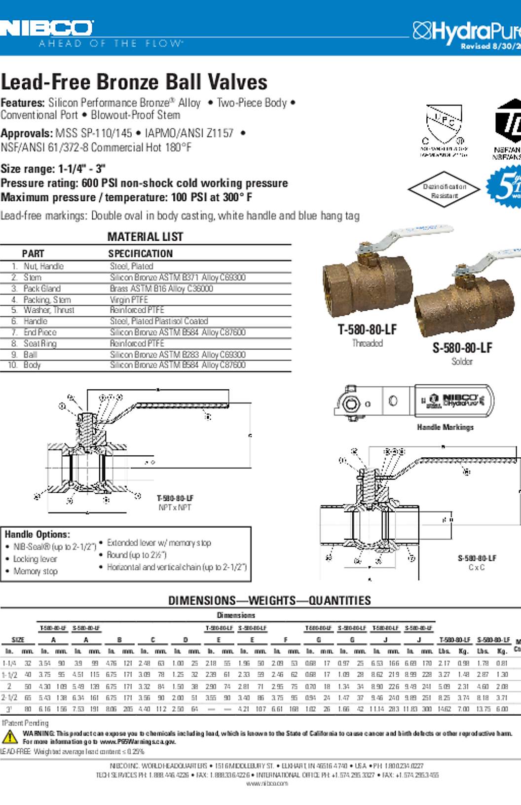 NIBCO T-580-80-LF & S-580-80-LF Lead-Free Bronze Ball Valves Submittal