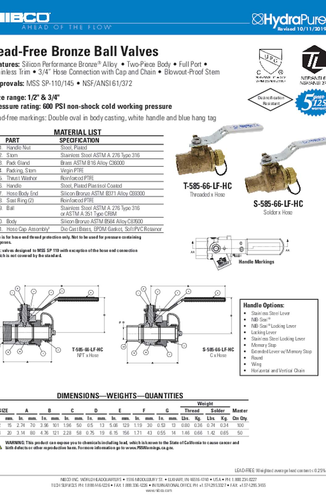 NIBCO T-585-66-LF-HC & S-585-66-LF-HC Lead-Free Bronze Ball Valves Submittal