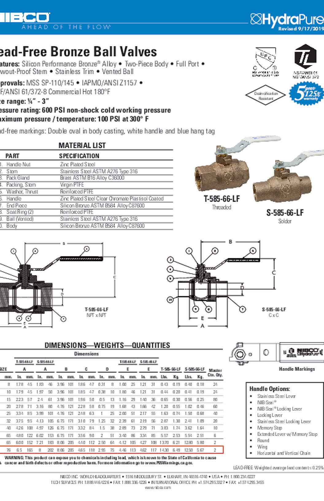 NIBCO T-585-66-LF & S-585-66-LF Lead-Free Bronze Ball Valves Submittal