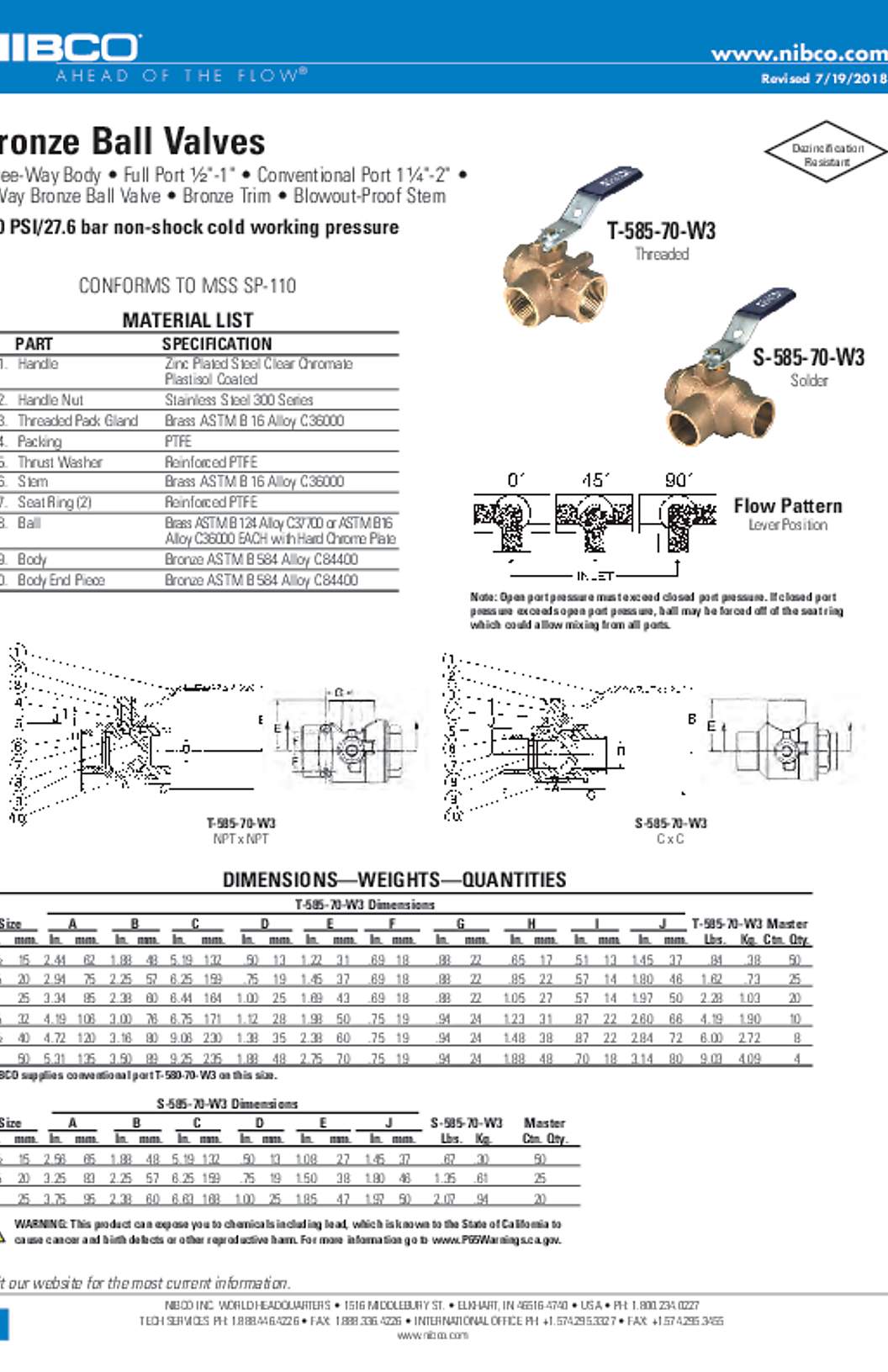 NIBCO T-585-70-W3 & S-585-70-W3 Bronze Ball Valves Submittal