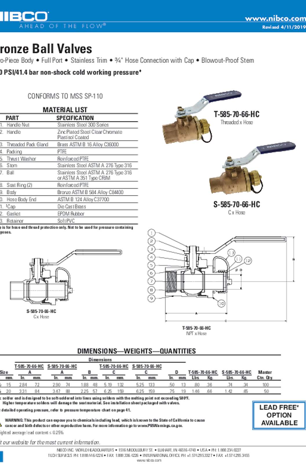 NIBCO T-585-70-66-HC & S-585-70-66-HC Bronze Ball Valves Submittal