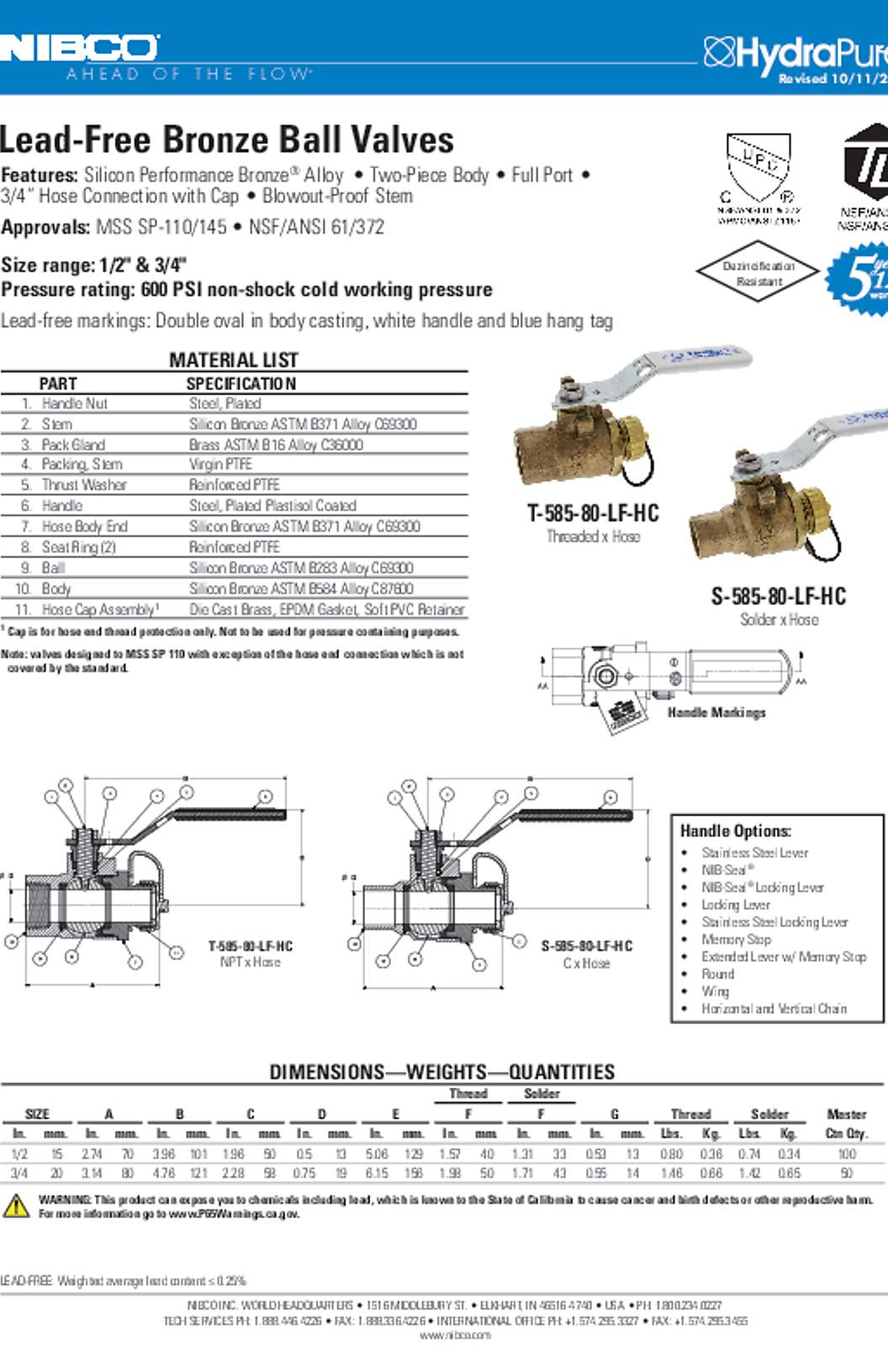 NIBCO T-585-80-LF-HC & S-585-80-LF-HC Lead-Free Bronze Ball Valves Submittal