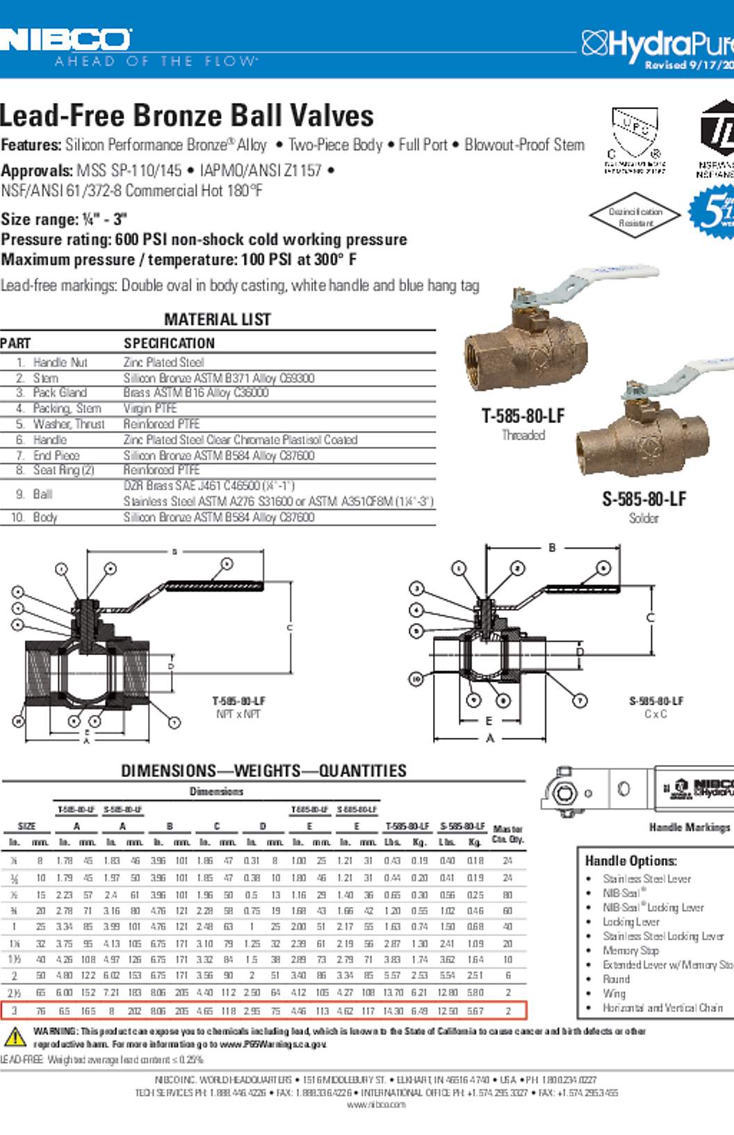 NIBCO T-585-80-LF & S-585-80-LF Lead-Free Bronze Ball Valves Submittal