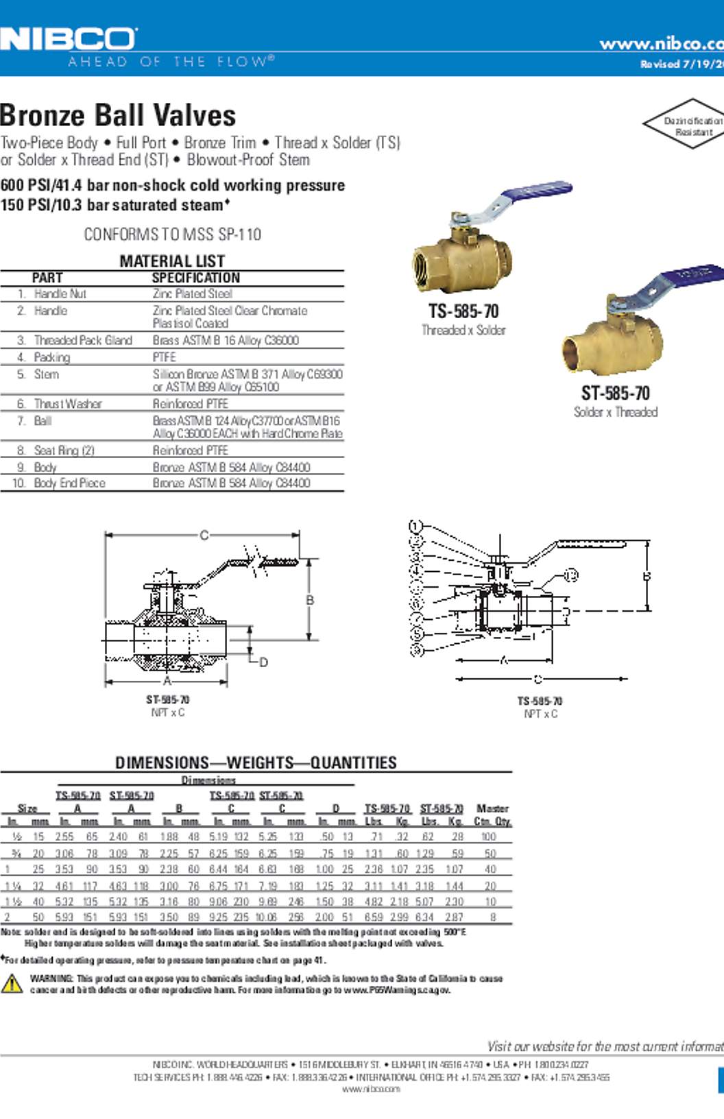 NIBCO TS-585-70 & ST-585-70 Bronze Ball Valves Submittal