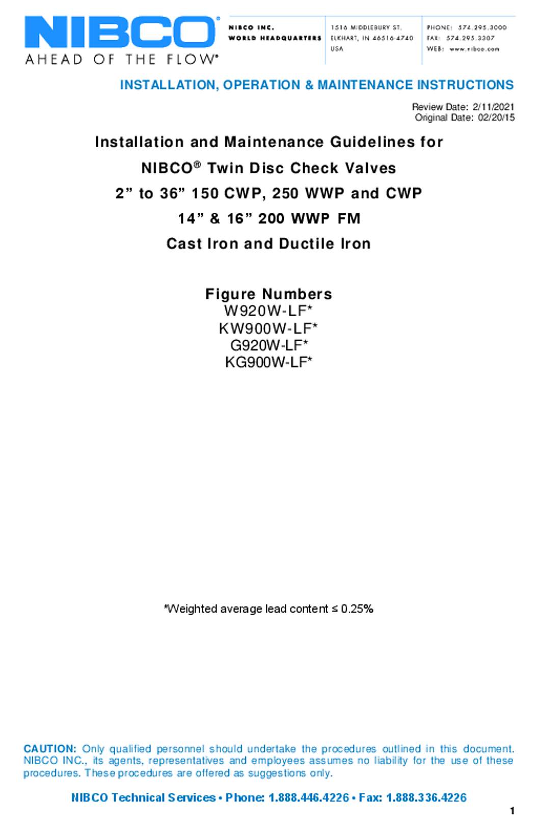 NIBCO Twin Disc Check Valves KW900WLF & W920WLF Operation Manual
