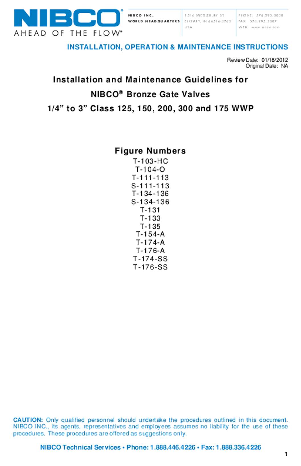 NIBCO UL Bronze Gate Valves Operation Manual