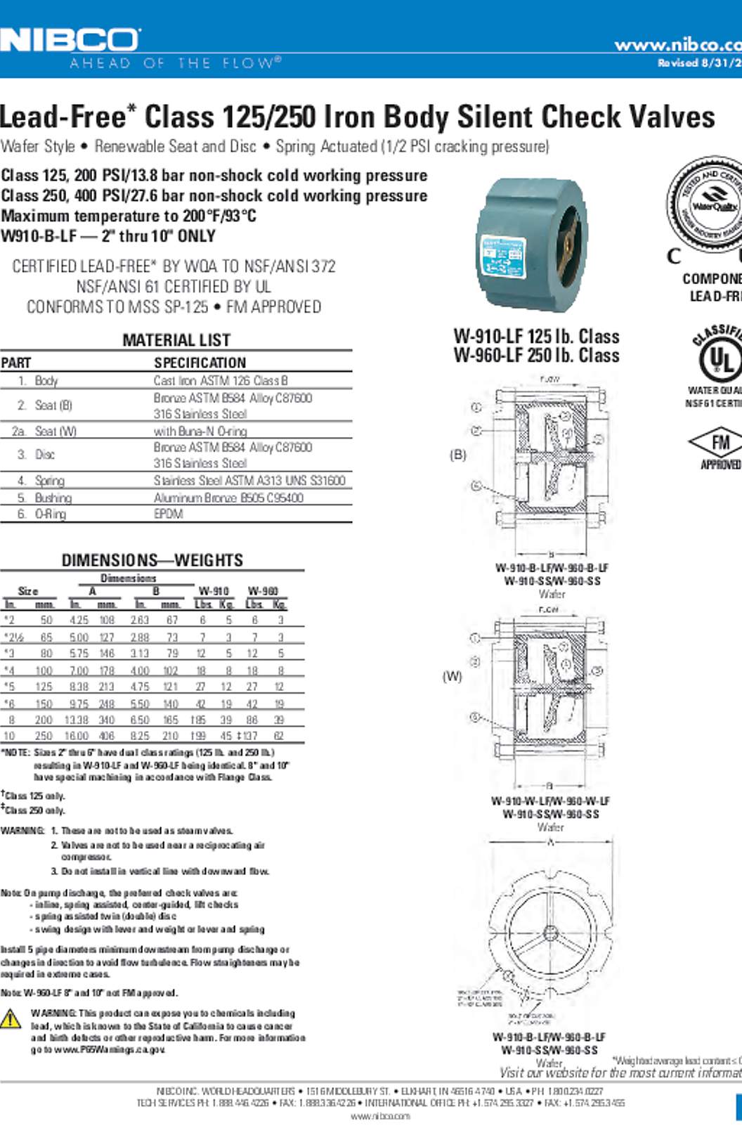 NIBCO W-910-LF & W-960-LF Lead-Free Class 125/250 Iron Body Silent Check Valves Submittal