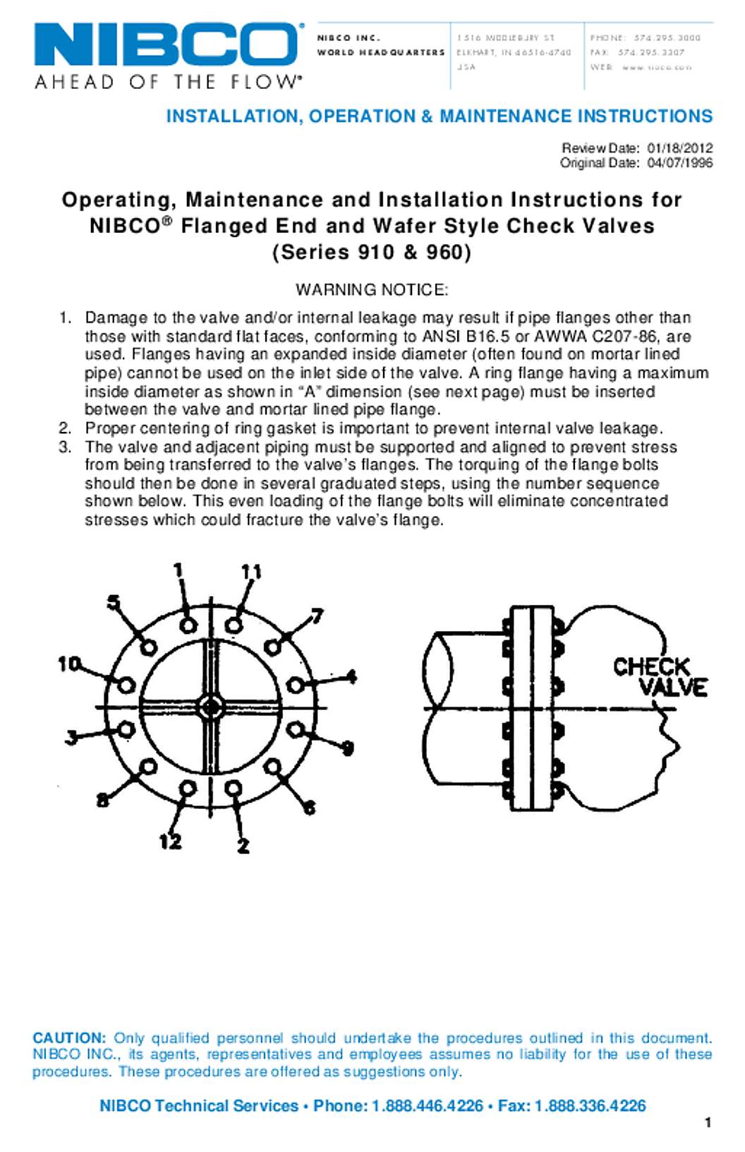 NIBCO Wafer Style Flanged Flangeless 910 & 960 Series Silent Check Valves Operation Manual