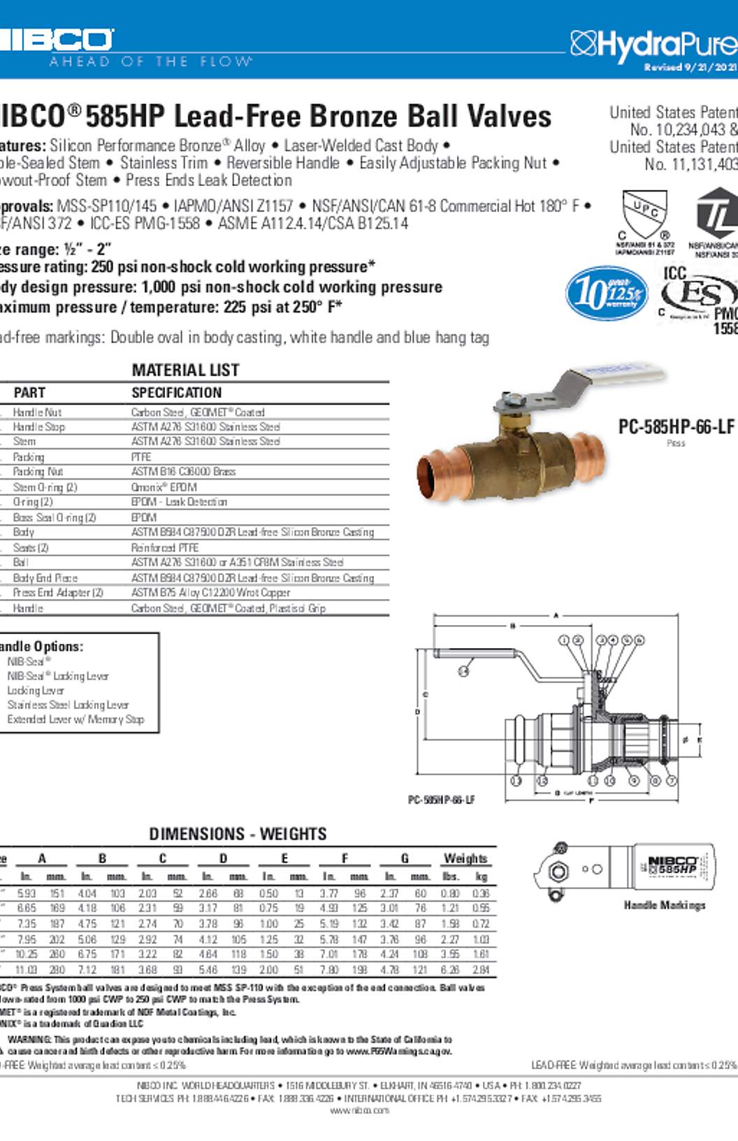 NIBCO PC-585HP-66-LF Submittal