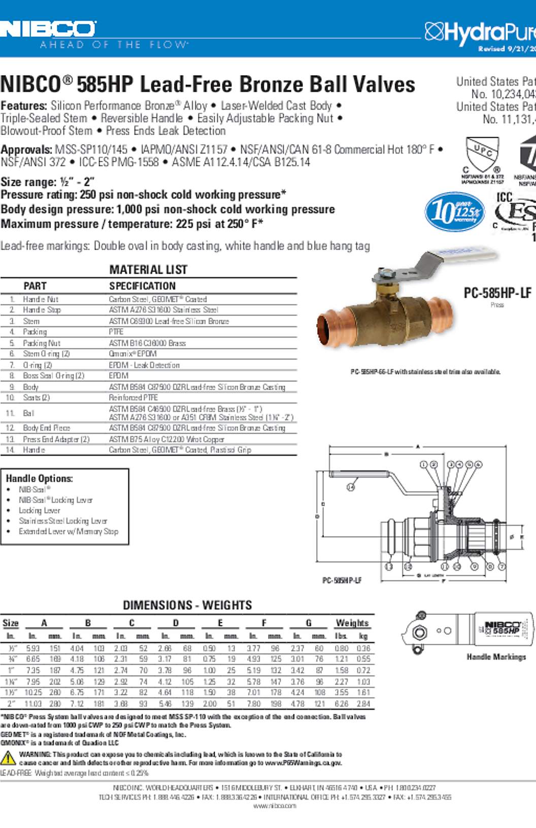NIBCO PC-585HP-LF Submittal