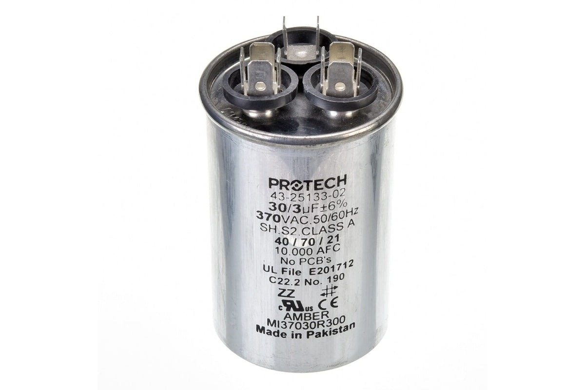 Rheem 43-25133-02, 30/3 MFD Round Run Capacitor, 370V