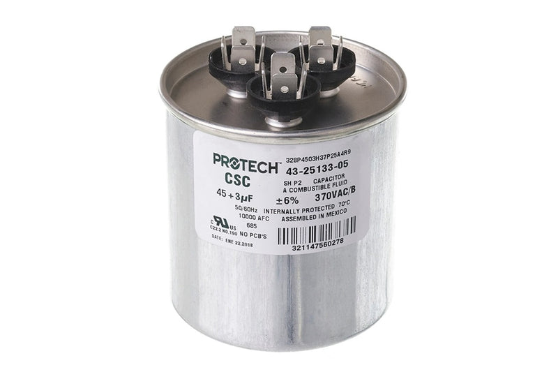 Rheem 43-25133-05, 45/3 MFD Round Run Capacitor, 370V