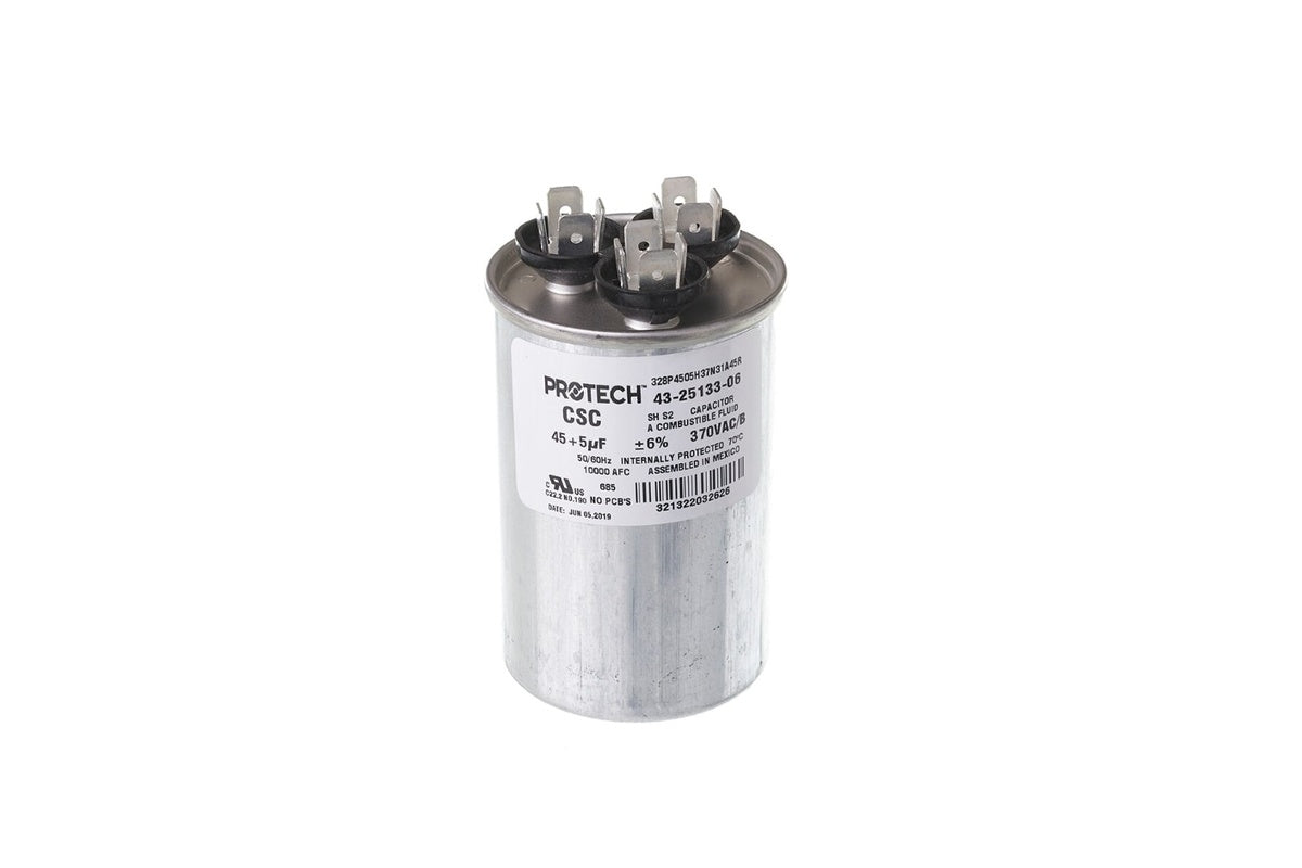 Rheem 43-25133-06 Dual Capacitor, 45/5 MFD, 370V Round